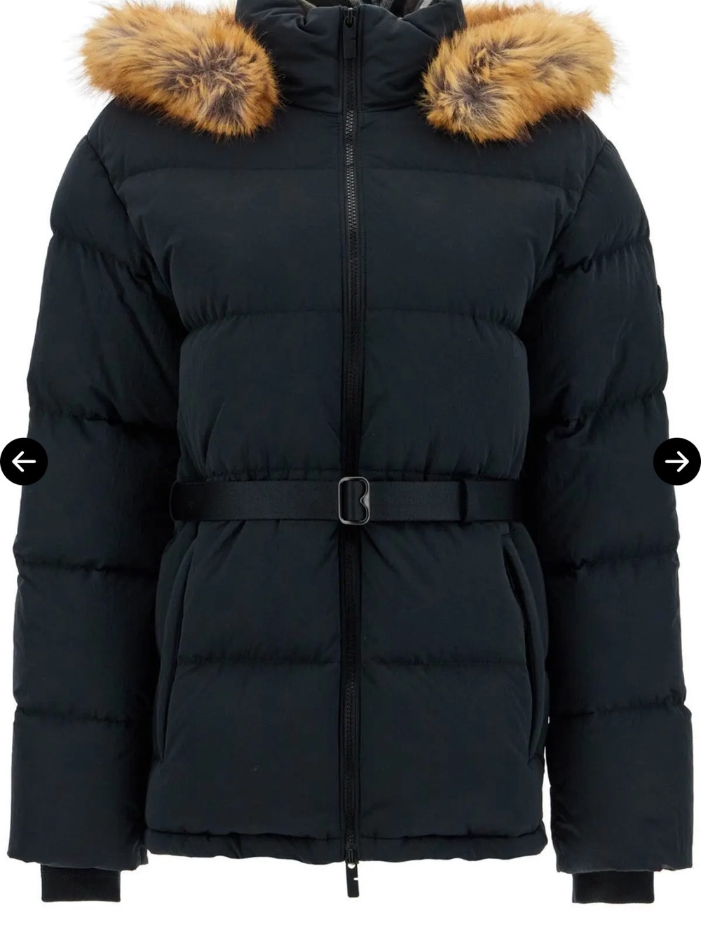Burberry Black Belted Puffer Jacket with Tan Fur-Trim Hood